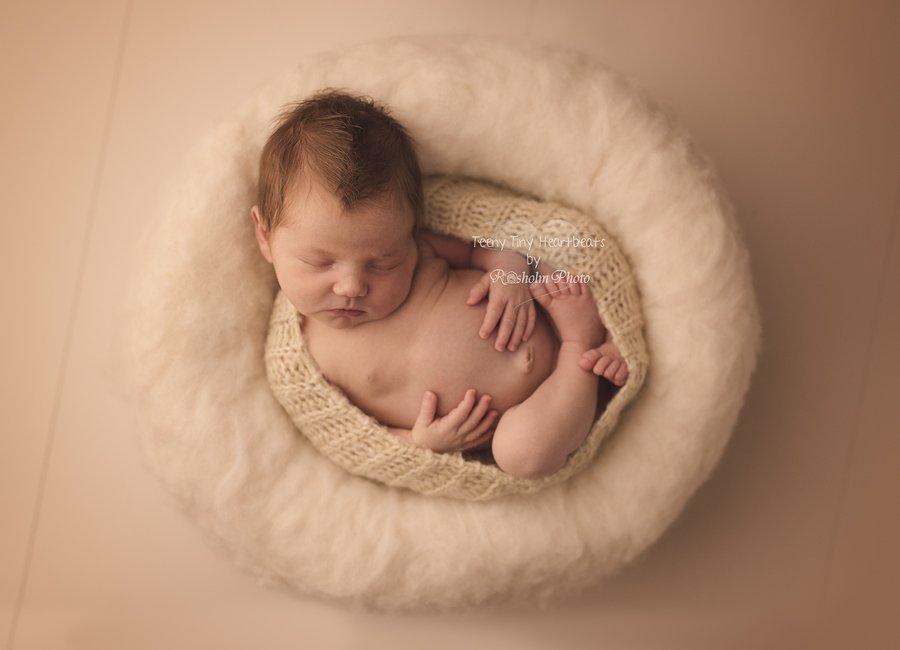 billede af sovende nyfødt i råhvidt uld rede