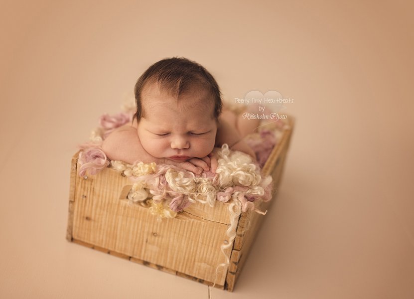 nyfødt foto af pige sovende i trækasse med tæppe hos Teeny Tiny Heartbeats