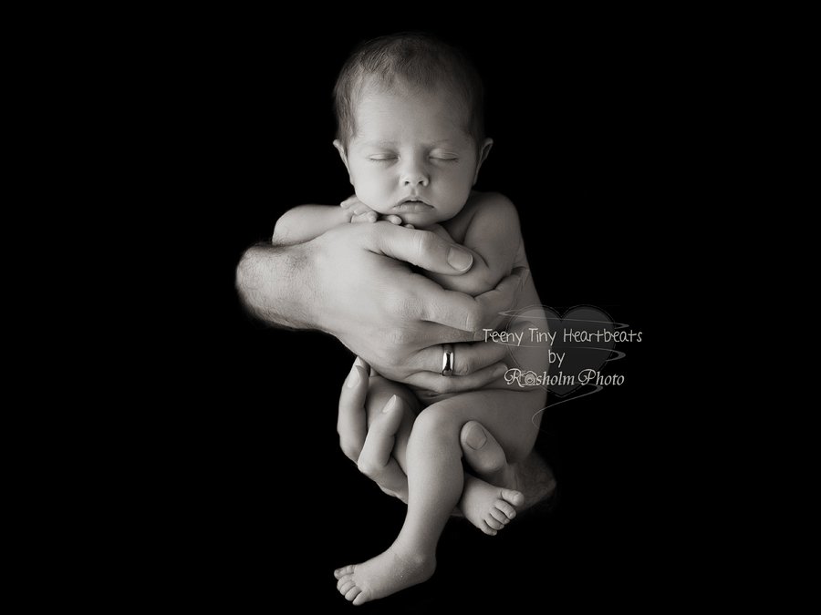 nyfødt tvillinge pige i fars hænder i sort hvid