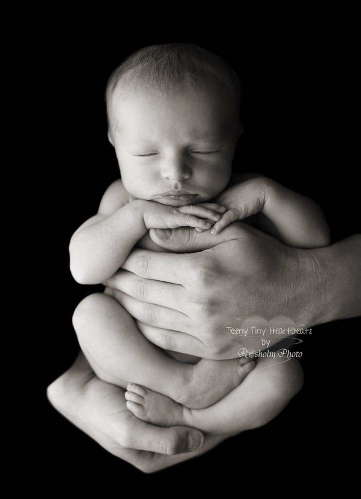 nyfødt fotograferet i fars hænder i sort hvid hos fotograf i Silkeborg